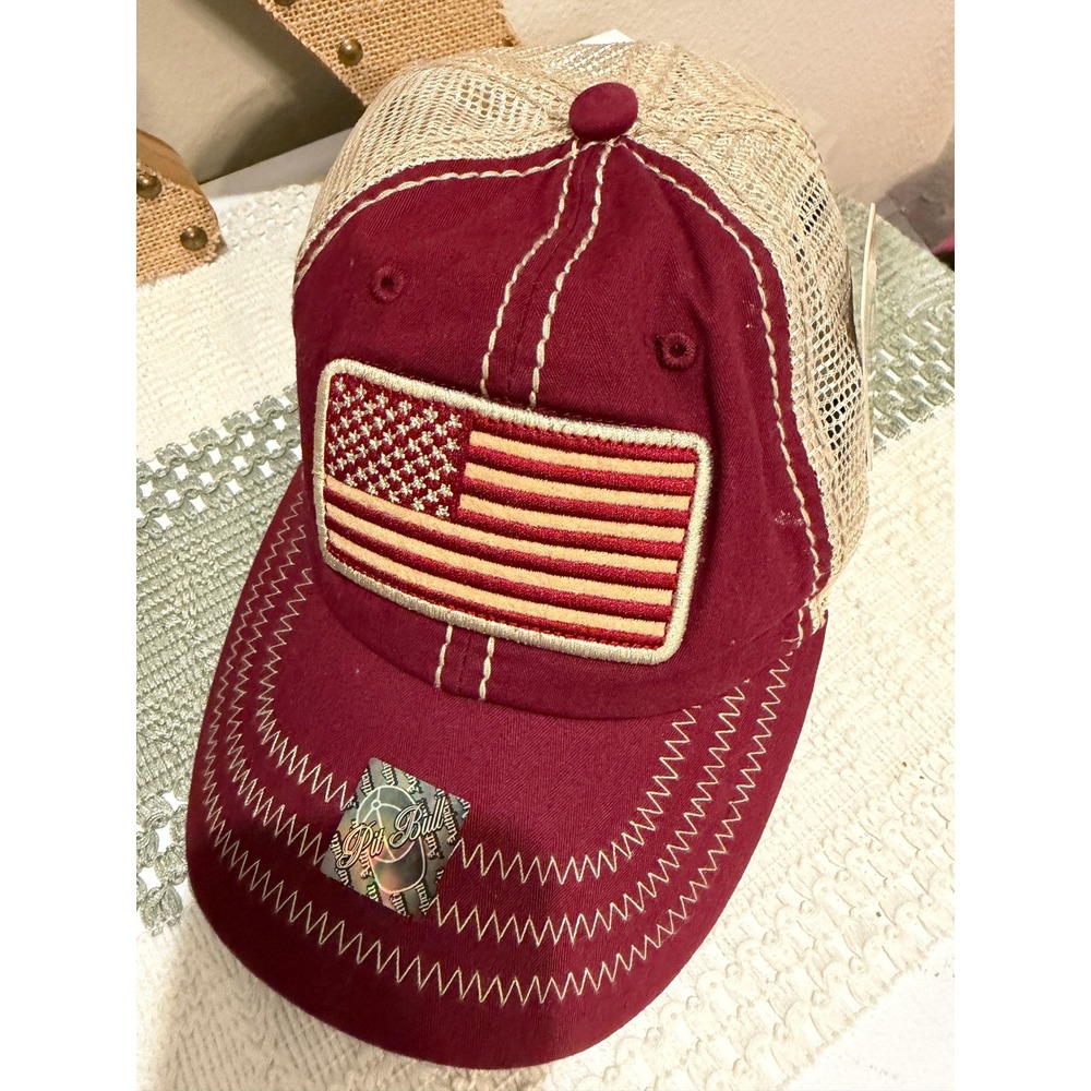 Pit Bull American Flag Trucker Hat Maroon Tan Vintage Mesh Snapback Cap NEW